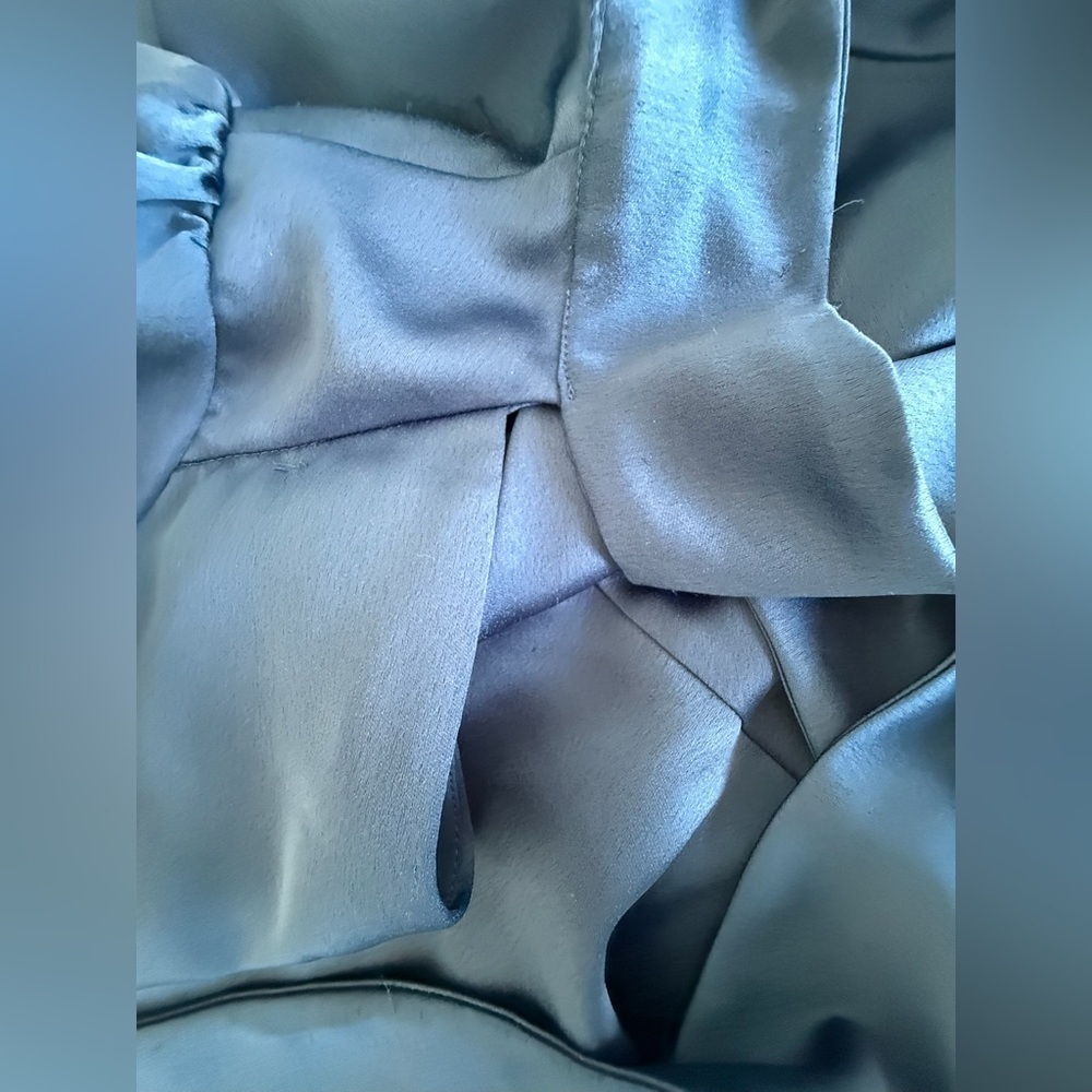 Parker Navy Blue Satin Mini Dress XS Tie Neck Long Sleeve Cascading Ruffle Hem - Picture 13 of 16